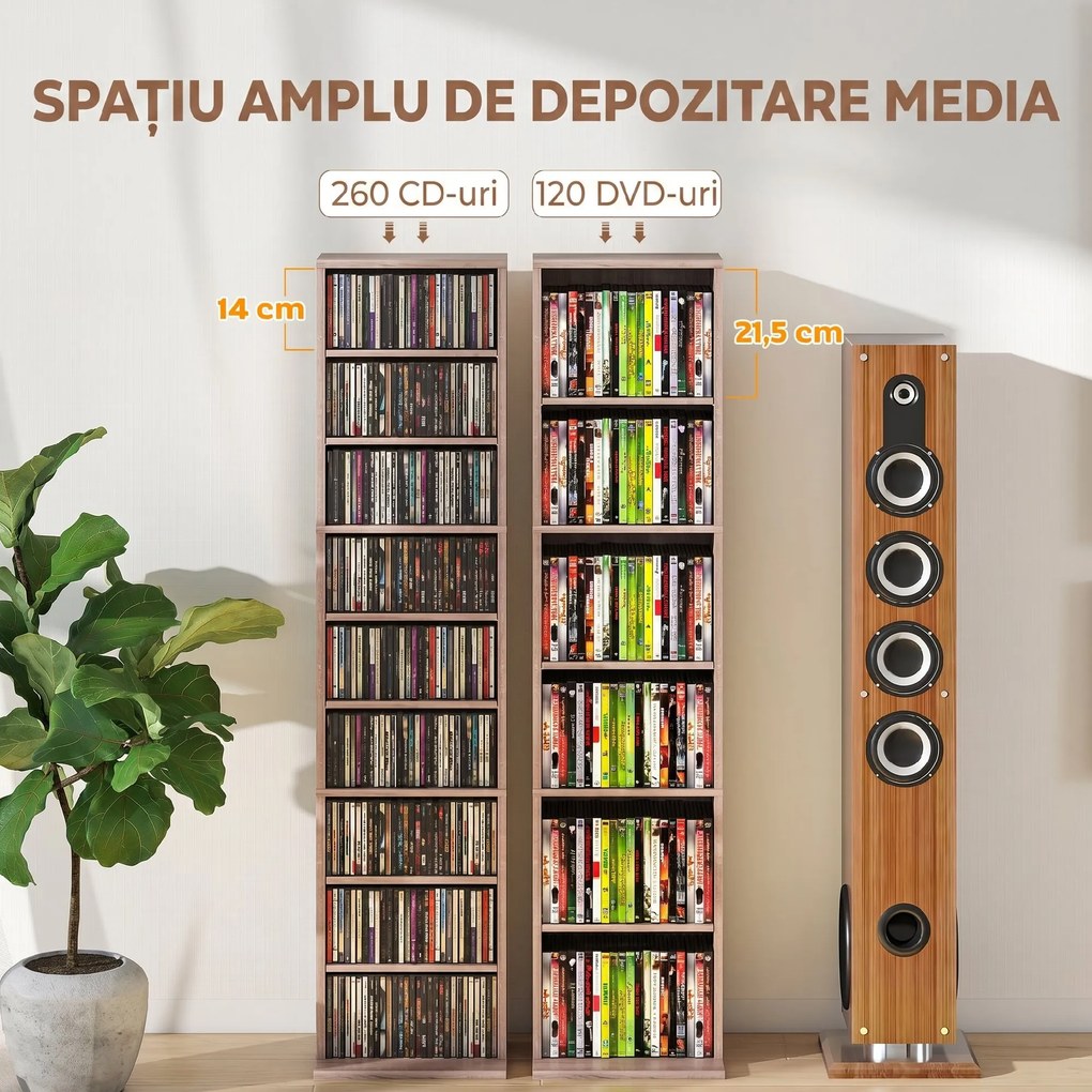 HOMCOM Raft pentru CD-uri cu 6 Rafturi Ajustabile, Capacitate 260 CD-uri/120 DVD-uri, 33x24x140 cm, Lemn Natural | Aosom Romania