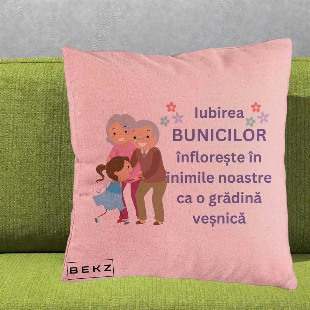 Cadou pentru Bunici - Perna Personalizata Bunicii Iubirea Infloreste Bunici cu Nepoata Colorat, 40x40 cm, Roz, Husa Detasabila, Perna Inclusa, BEKZ®