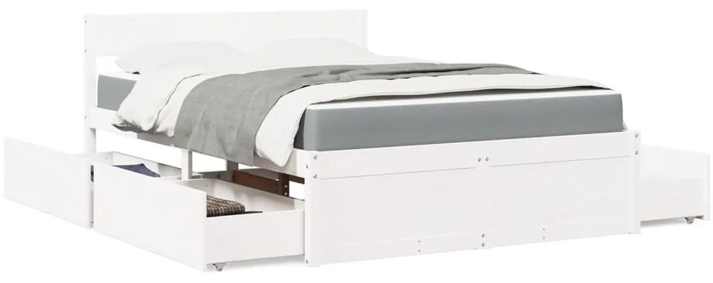 vidaXL Pat cu sertare saltea, alb, 120x190 cm, lemn masiv pin