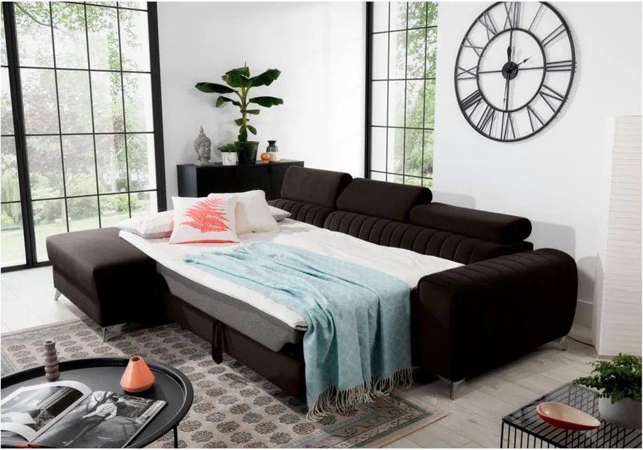 Colțar maro închis extensibil/cu spațiu de depozitare cu tapițerie din catifea (cu colț pe partea stângă/cu șezlong) Grayson – ELTAP