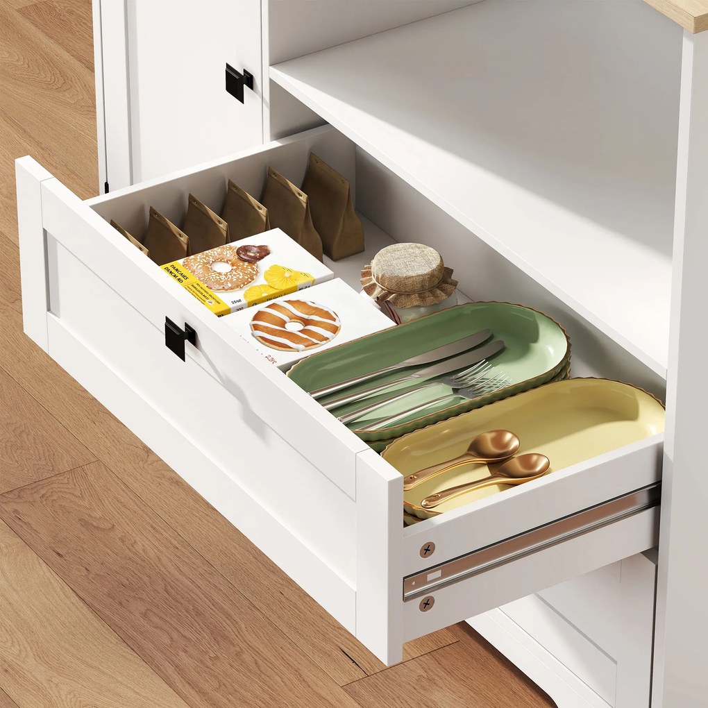 HOMCOM Bufet de Bucătărie Înalt 162 cm, Mobilier de Depozitare cu 2 Dulapuri, 2 Sertare, Suport Condimente, Orificii pentru Cabluri, Rafturi Reglabile, Blat pentru Cuptor cu Microunde, Suporturi pentru Cești, Alb | Aosom Romania