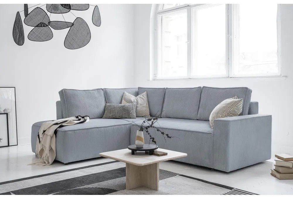 Colțar gri deschis extensibil cu tapițerie din catifea reiată (cu colț pe partea stângă ) Brave Dave – Miuform