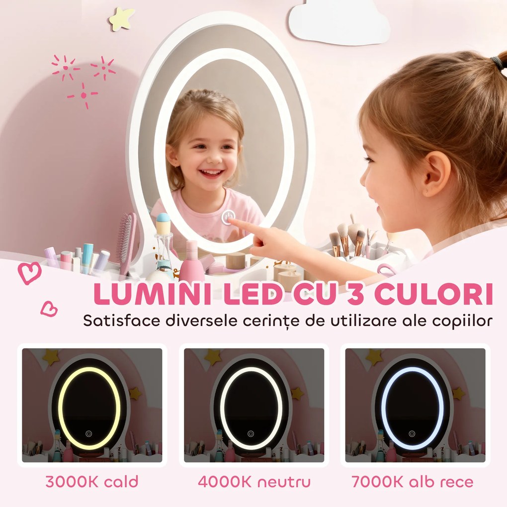 AIYAPLAY Set Măsuță și Scaun pentru Copii cu Oglindă cu Lumini LED în 3 Culori, Sertar, Cutii de Depozitare, pentru 3+ Ani, Alb | Aosom Romania