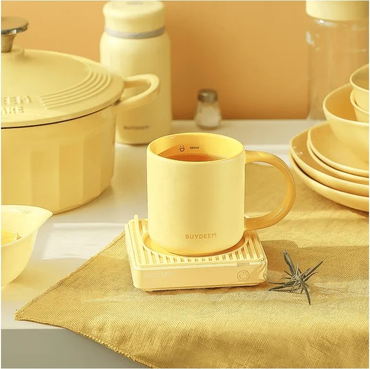 Ceasca ceramica pentru ceai si cafea Buydeem CD1018-MY, 350 ml, Fund plat, Scala de masurare interna, Ceramica pentru temperaturi inalte, Galben