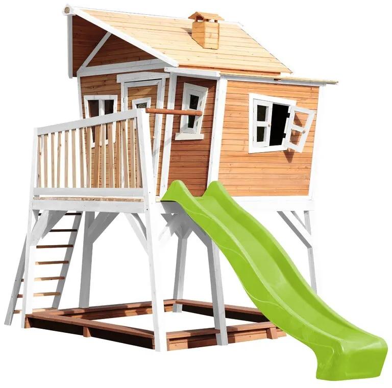 Casa de joaca pentru copii Georgina, lemn masiv, maro/alb/verde, 288 x 193 x 432 cm