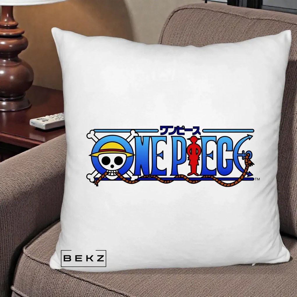 Perna Personalizata One Piece Clasic Albastru, 40x40 cm, Alb Pufos, Husa Detasabila, Perna Inclusa, BEKZ®