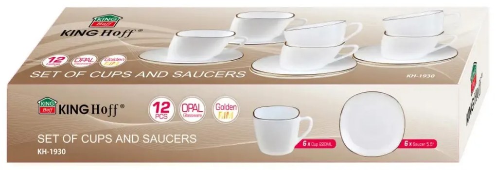 Set cesti cafea 12 piese, opal, alb cu auriu, 220 ml Kinghoff KH-1930
