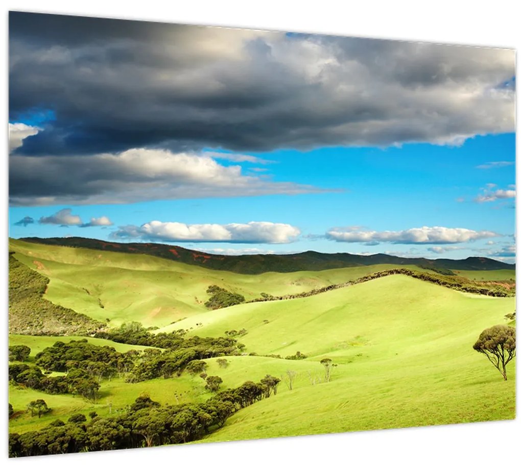 Tablou pe sticlă - Peisaj verde cu dealuri (70x50 cm)