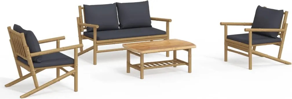 vidaXL Set mobilier de grădină cu perne gri închis, 4 piese, bambus