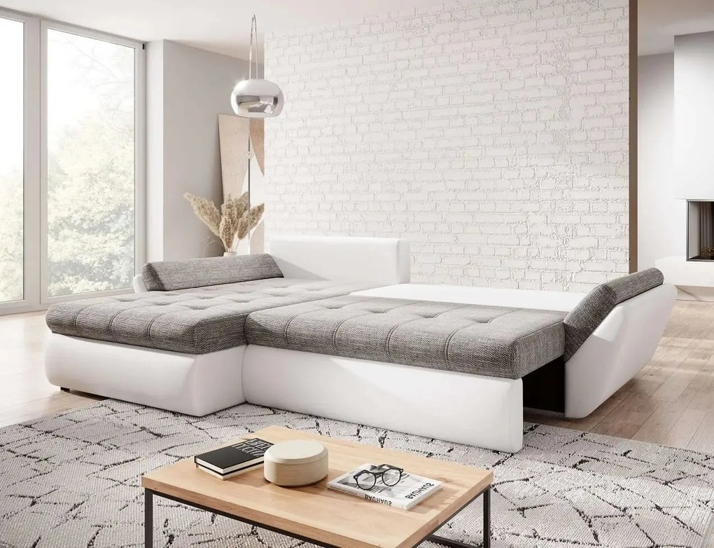 Colțar extensibil dumonde cu ladă de depozitare si sezut confortabil din spuma high-density, Loana Magma White II 275x185 cm