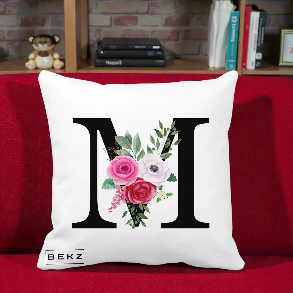 Cadou Personalizat - Perna Personalizata Monograma Florala Litera M cu Trandafiri si Anemona, 40x40 cm, Alba Mata, Husa Detasabila, Perna Inclusa, BEKZ®