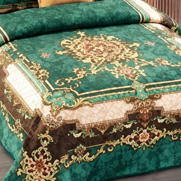 Cuvertură catifea matlasată, model ornamental verde, 5 piese, 230 x 250 cm