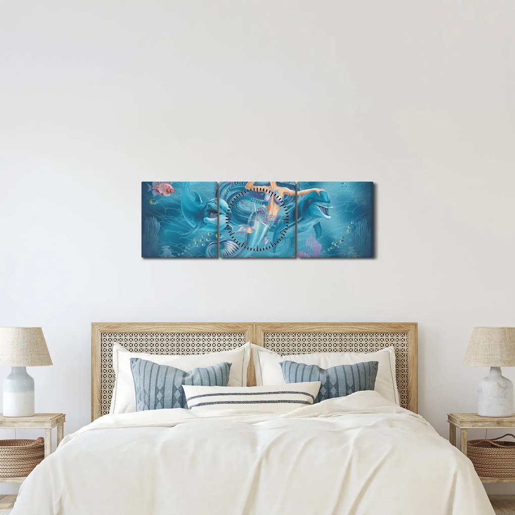 Tablou - Sirenă cu delfini (cu ceas) (90x30 cm)