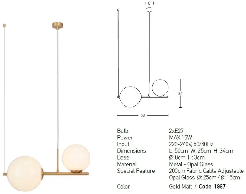 Pendul cu 2 surse de iluminat design modern Cingea auriu mat