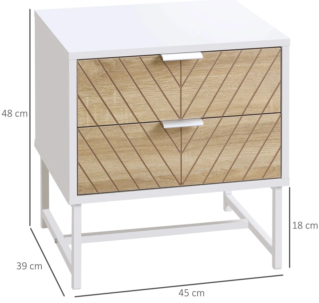 HOMCOM Noptieră cu 2 sertare și picioare din oțel masă auxiliară pentru living dormitor 45x39x48cm alb și stejar | Aosom Romania