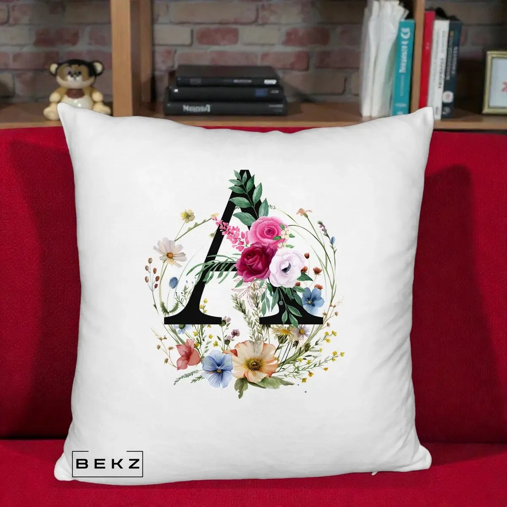 Cadou Personalizat - Perna Personalizata Monogram Litera A cu Flori Acuarela, 40x40 cm, Alb Pufos, Husa Detasabila, Perna Inclusa, BEKZ®