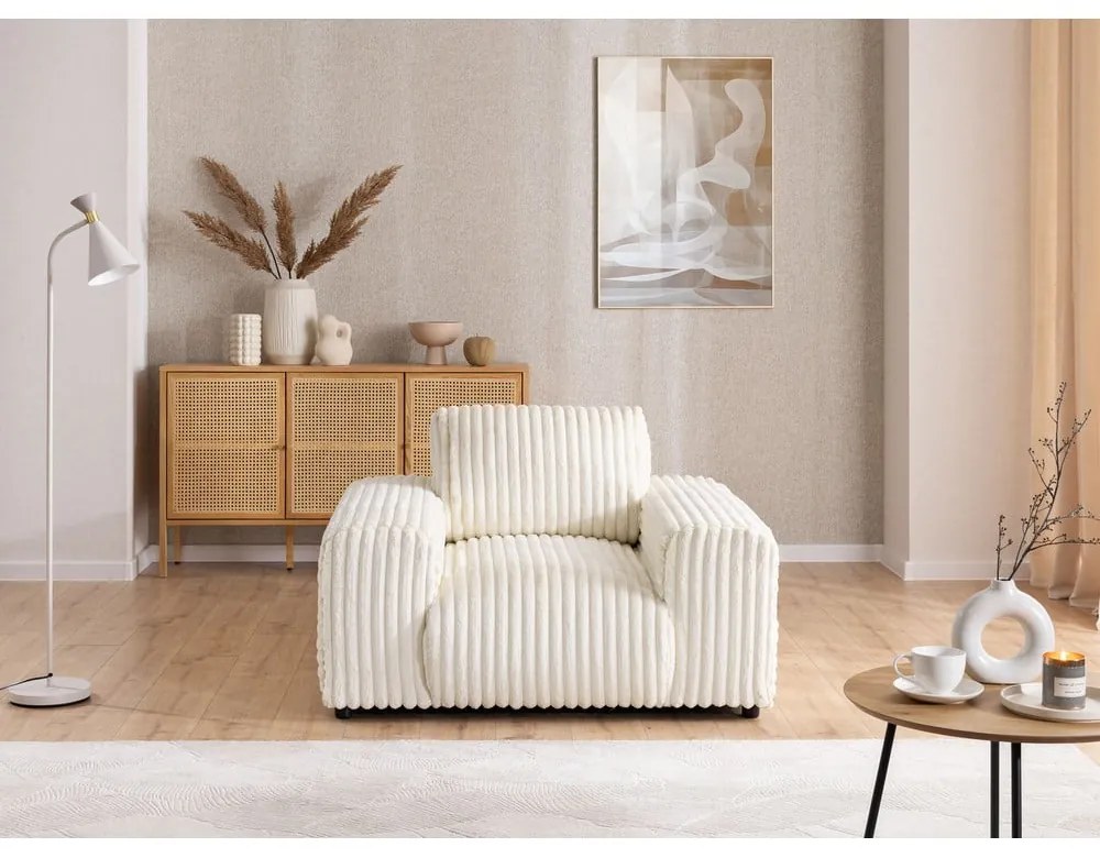 Fotoliu crem cu tapițerie din catifea reiată Justin – Ropez