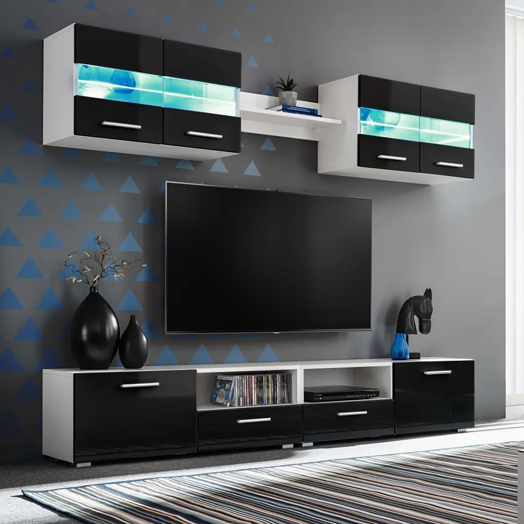246028 vidaXL Mobilier sufragerie, spațiu TV 5 piese, lumini LED Negru lucios