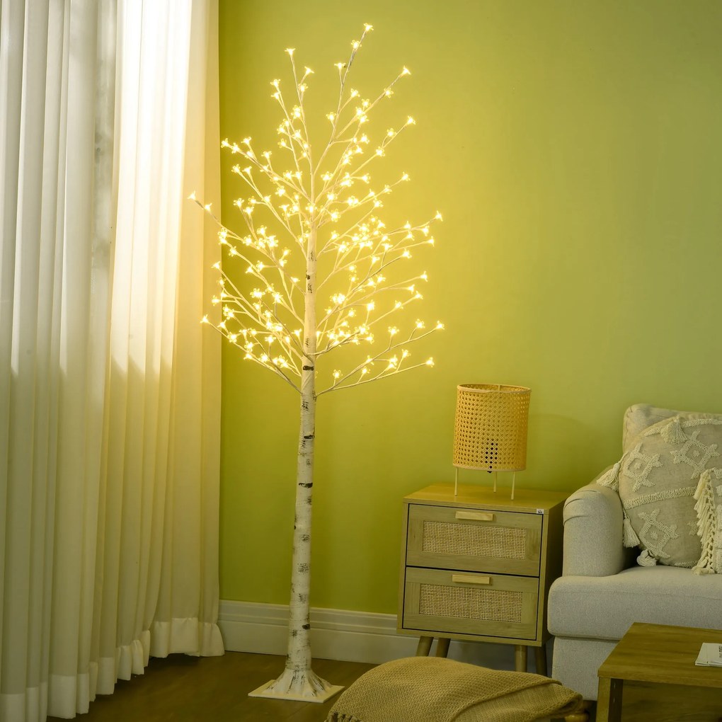 HOMCOM Brad de Mesteacăn cu 180 de Lumini LED Înălțime 180cm 3 Nivele de Luminozitate Alb | Aosom Romania