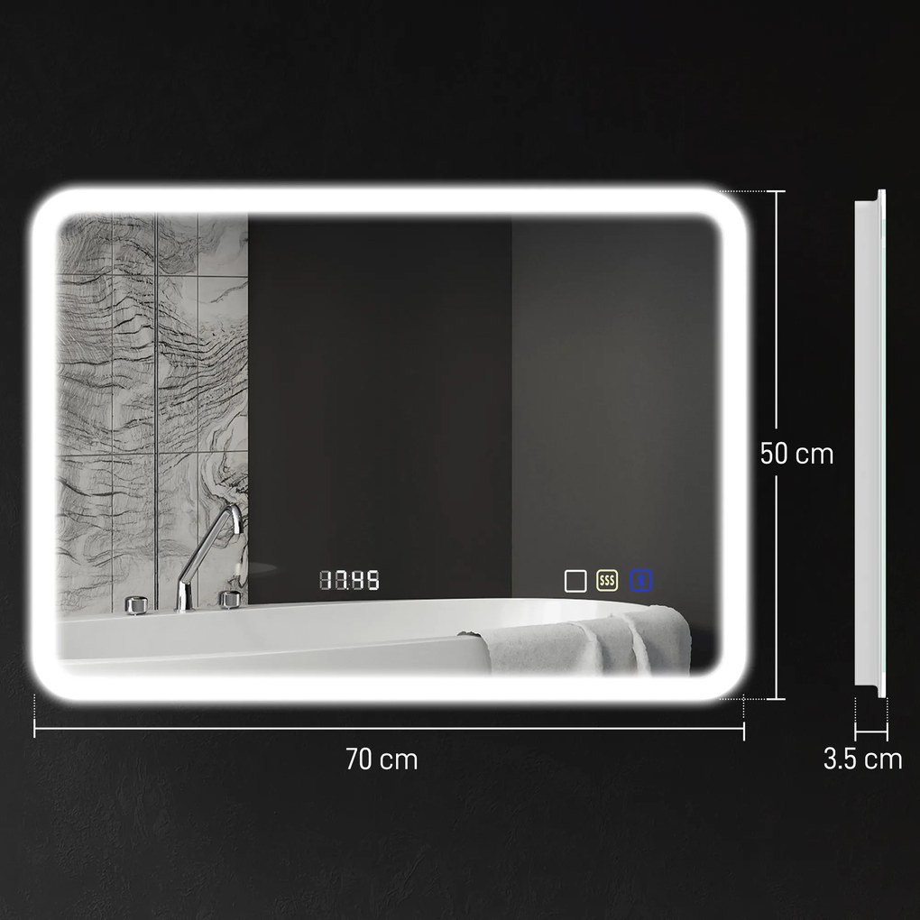 HOMCOM Oglindă de Baie cu Leduri 70x50 cm cu Bluetooth 3 Culori de Lumină Ceas Digital Funcție Anticeață Funcție de Memorie | Aosom Romania