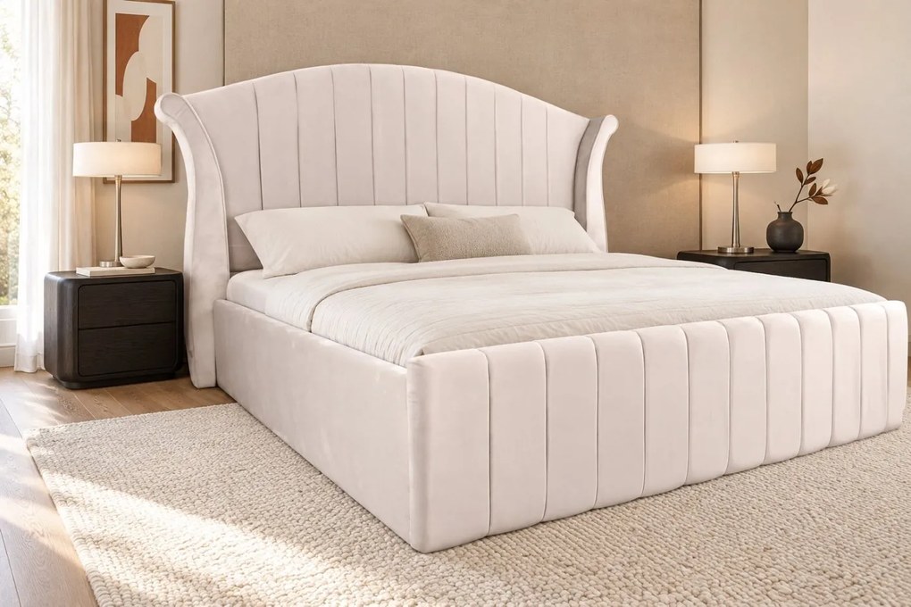 Pat tapițat din catifea Sorella Simple Line 180×200 cm, crem, cu ladă de depozitare