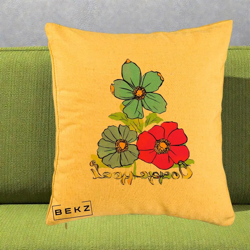 Perna Decorativa Trei Flori Grafice Pop Art, 40x40 cm, Galben, Husa Detasabila, Perna Inclusa, BEKZ®