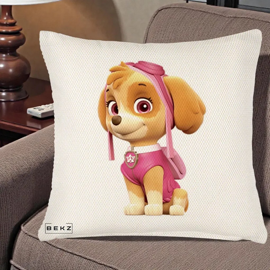 Perna Personalizata Skye PAW Patrol Roz, 40x40 cm, Crem Reliefat, Husa Detasabila, Perna Inclusa, BEKZ®