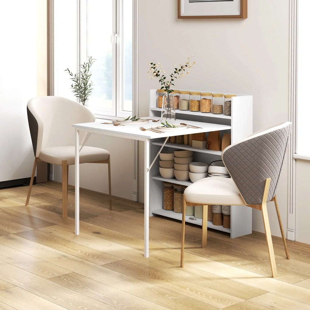 HOMCOM Masă pliabilă, perfectă pentru spații mici, cu 4 rafturi discrete, masă pliabilă de bucătărie, funcție anti-răsturnare, Alb | Aosom Romania