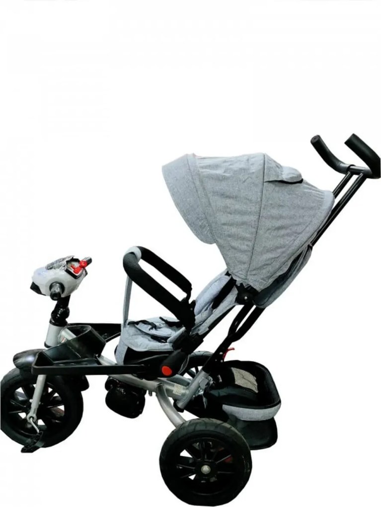 Tricicleta cu copertina NOVOKIDS Super Trike, Cu melodii si lumini, Roti din cauciuc, Pozitie somn, Scaun reversibil cu rotatie 360 grade, Gri Jeans