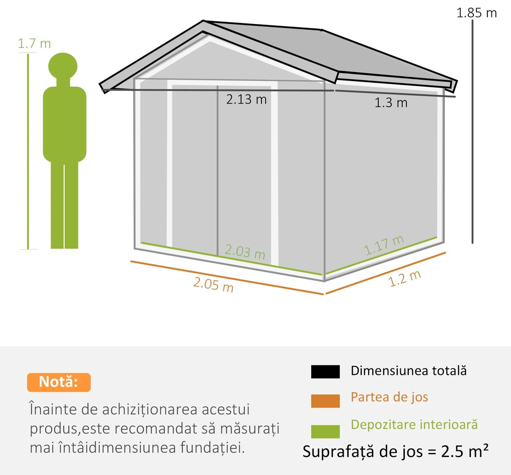 Sopron de gradina din tabla de otel, casuta de gradina cu usi glisante, pentru depozitare si organizare 213x130x185 cm, alb Outsunny | Aosom Romania