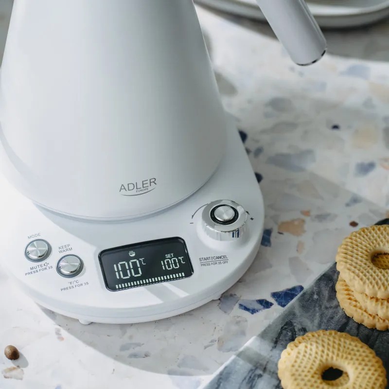 Cana electrica Adler AD 1349W, 1100W, 1 l, 40-100°C, mentinere caldura, Afisaj LED, Alb