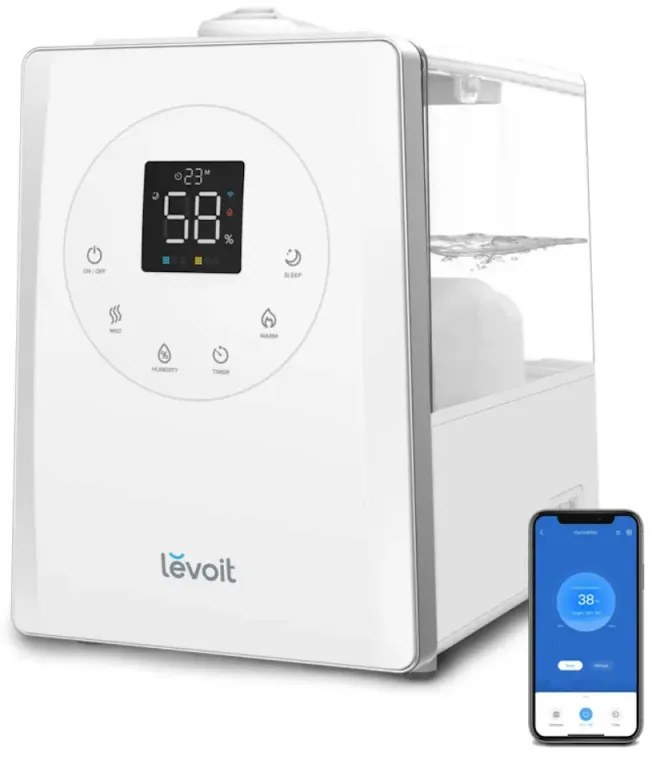 Umidificator de aer Levoit LV600S, Ultrasonic, 28/280 W, Pana la 70 m², 6 L, 3 trepte, SMART, Aromaterapie, Telecomandă, Alb