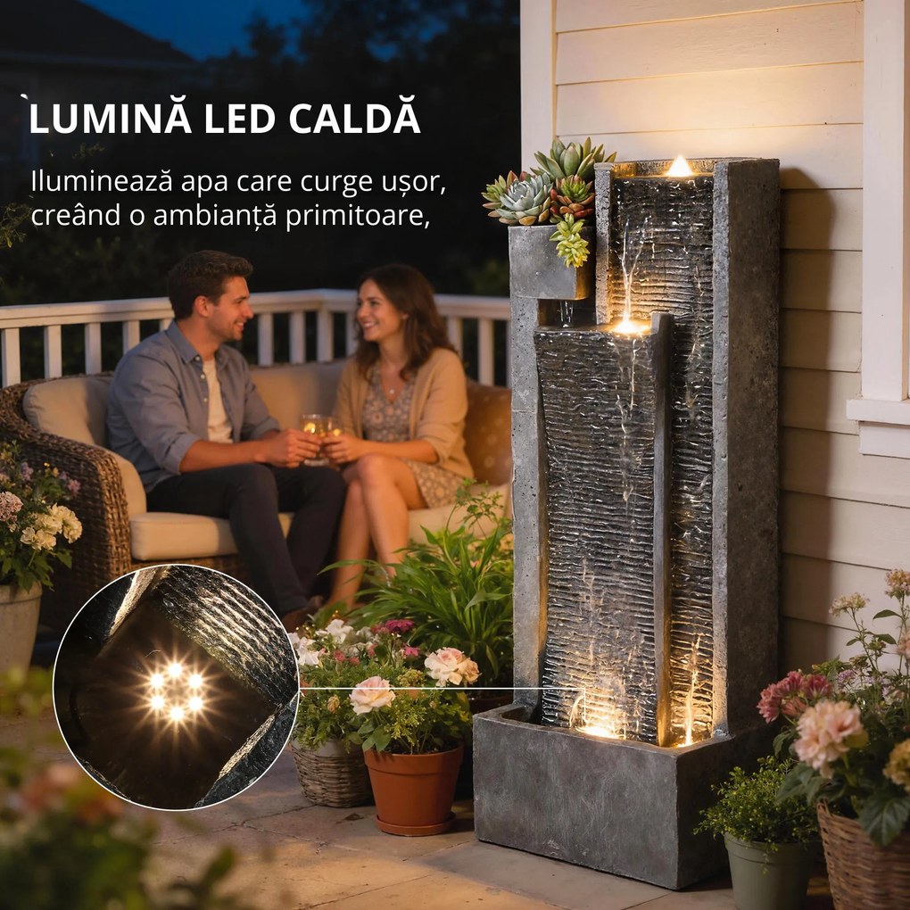 Outsunny Fântână 3 trepte pentru grădină cu iluminare LED, ghiveci, pompă, aspect piatră, reglabil 38 x 19 x 101 cm | Aosom Romania