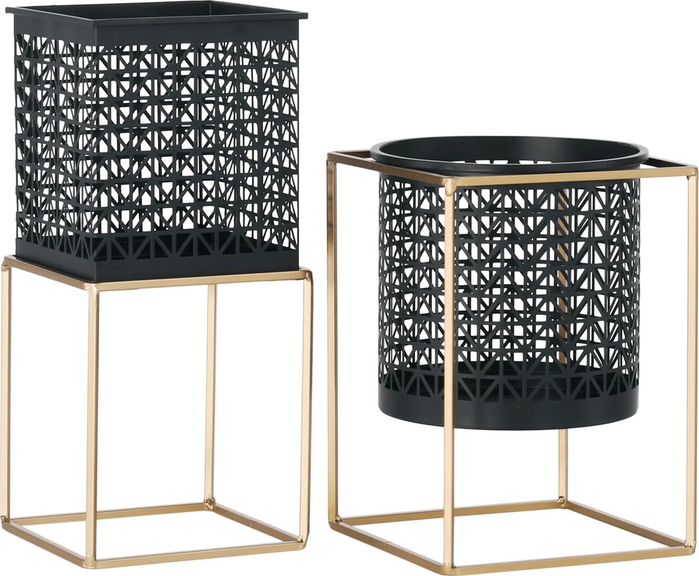 Set 2 suporturi pentru ghivece, pătrat/rotund, negru/auriu, ESME SET
