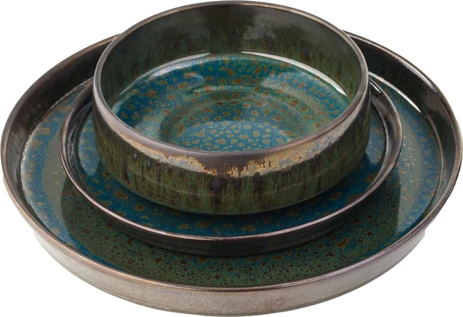 Set 3 Piese Verometal Glazura Albastru Verde Metalic Bronz Metalic Gri, Mat Argintiu ( Farfurie 25 cm, Farfurie 20 cm si Bol 450 ml )