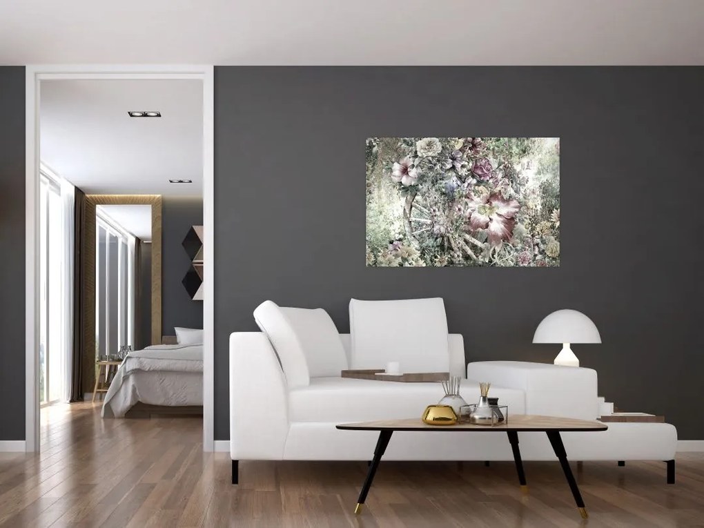 Tablou - Flori pe roata de lemn (90x60 cm)