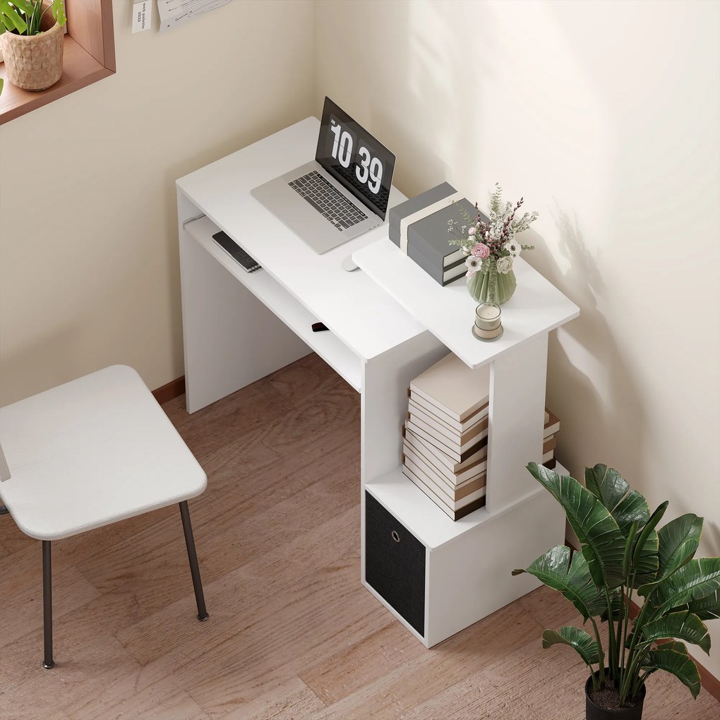 HOMCOM Birou modern pentru PC, birou pentru computer cu raft pentru tastatura, raft si spatiu de depozitare din material, 100x40x86.6cm, alb si negru