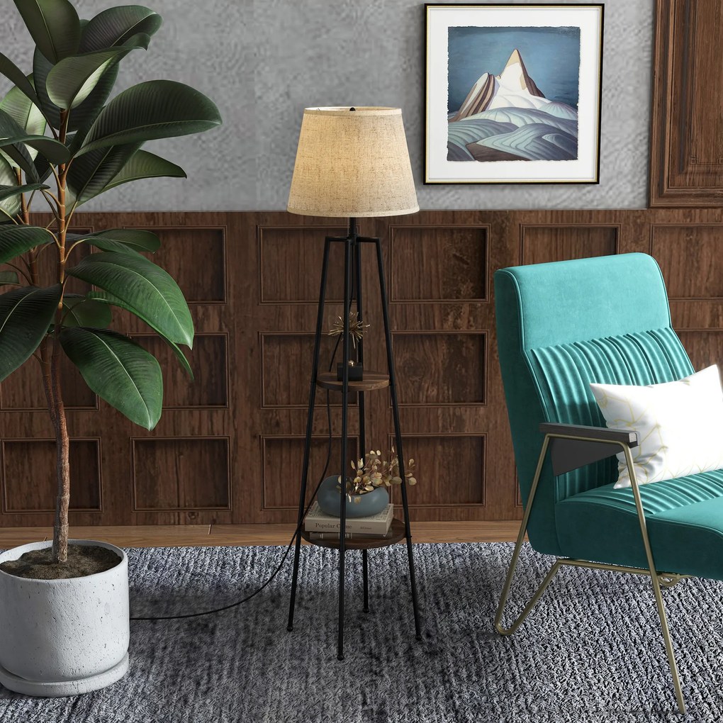 Lampa de Podea cu Rafturi, Inalta cu Abajur din Material Textil (Becul nu este Inclus), Nuc Maro si Maro Deschis, Φ42x166cm HOMCOM | Aosom RO