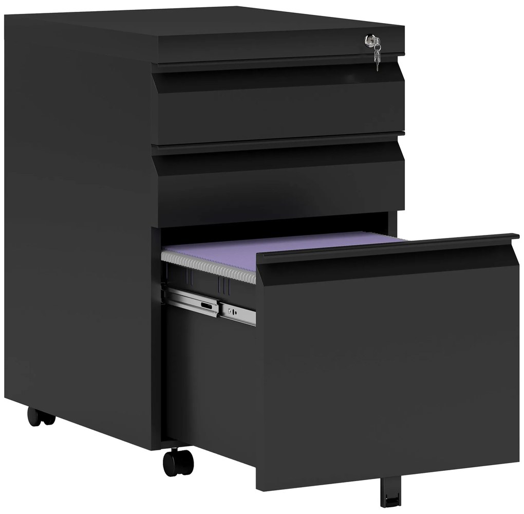 HOMCOM Dulap de birou mobil cu depozitare pe roți 3 sertare blocabile 39 x 48 x 60 cm negru | Aosom Romania