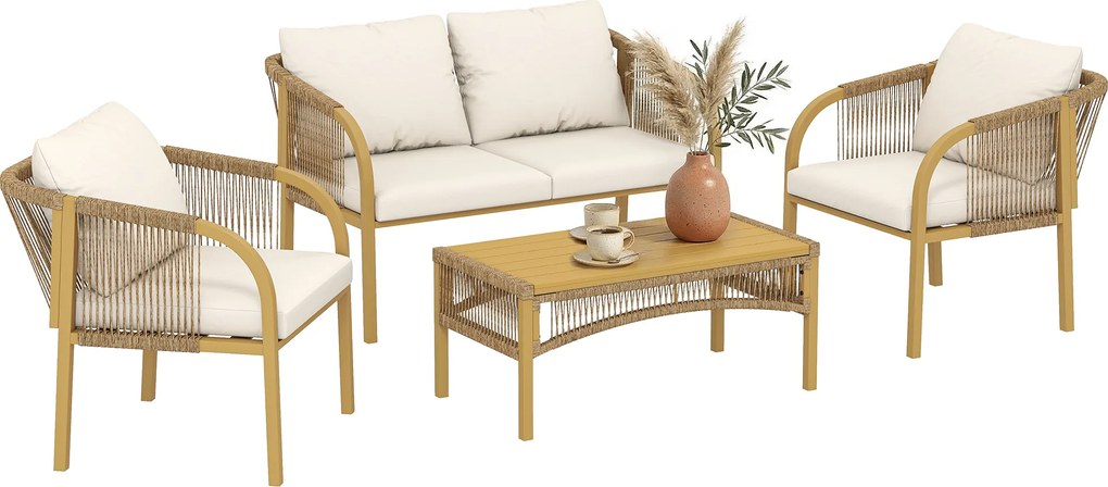 Outsunny Set mobilier de grădină exterior 4 piese cu canapea 2 fotolii masă perne, oțel rășină împletită, 120x72x73cm, Kaki | Aosom Romania