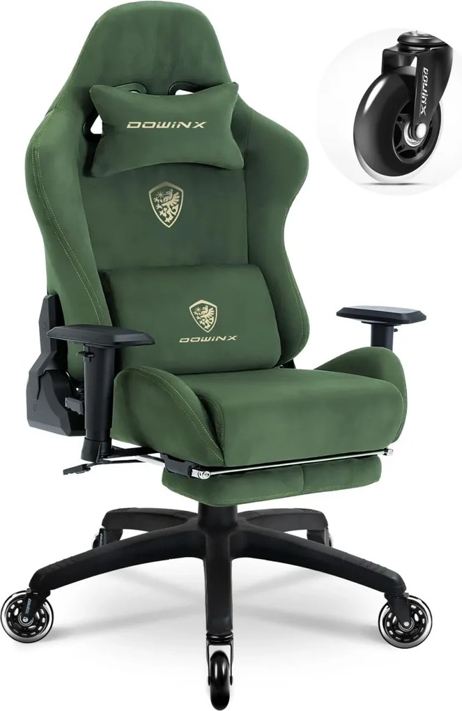 RESIGILAT- DOWINX 68A - Scaun Gaming Ergonomic, Extra-Lat și Construcție Heavy-Duty, Masaj in perna lombara, Material Textil respirabil, Suport picioare, Roti Silicon, Rezistent 150 kg, Verde
