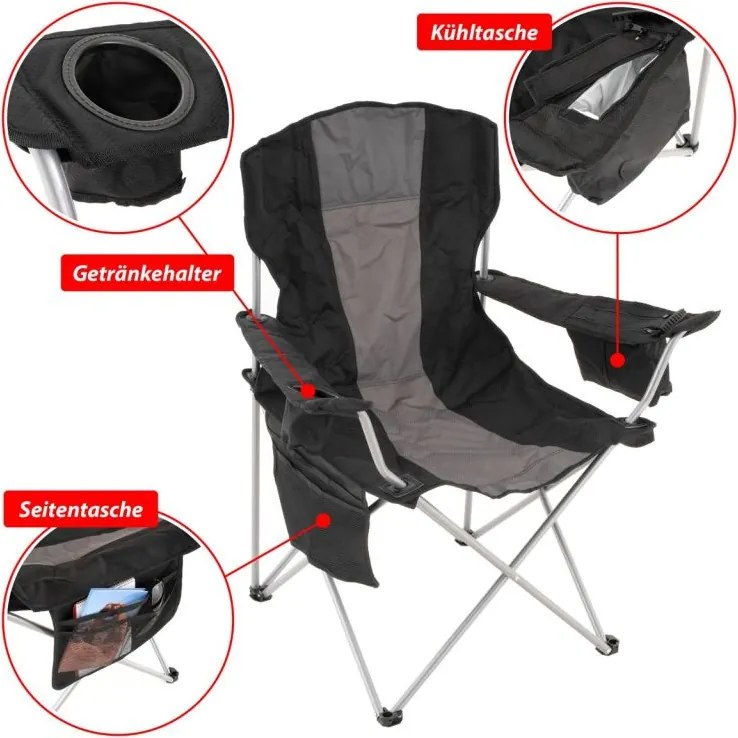 Scaun de camping pliabil XL cu geantă frigorifică, negru/gri