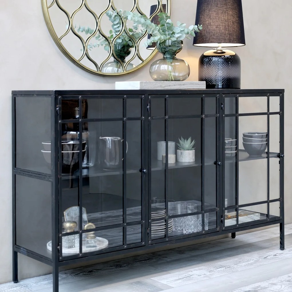 Consola neagra din metal si sticla, aspect vintage