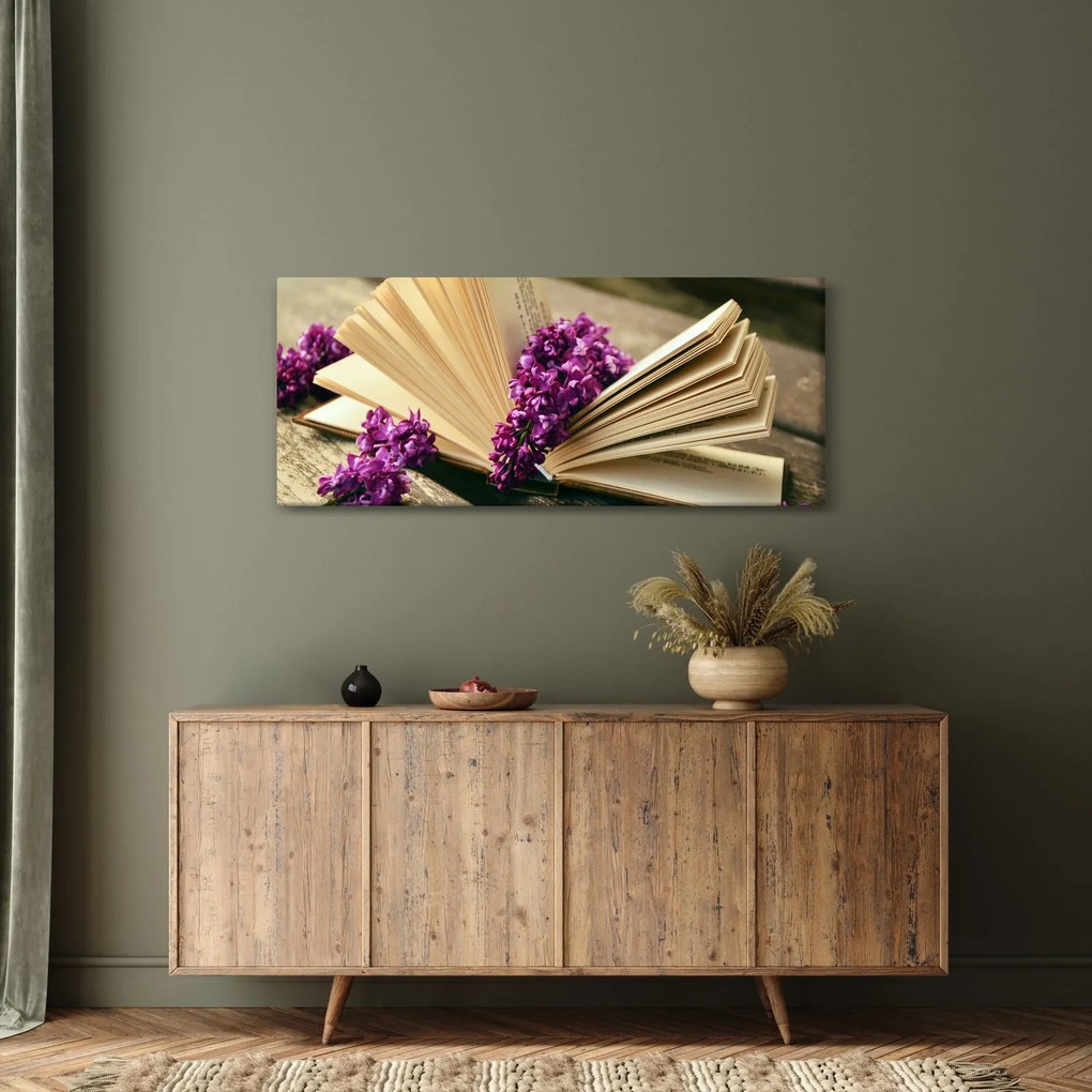 Tablou cu carte și floare violetă (120x50 cm)