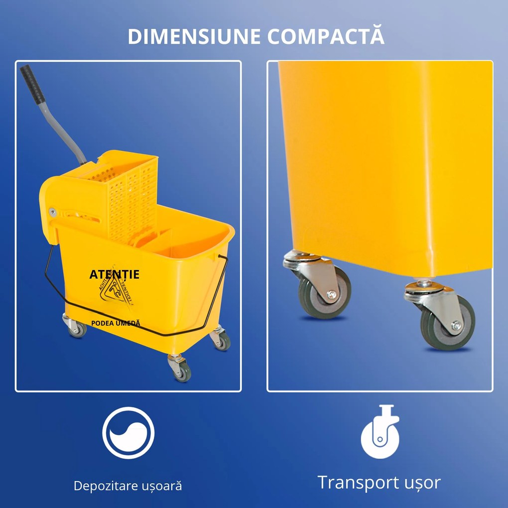 HOMCOM Cărucior Găleată cu Separator de Apă și Storcător Detașabil din PP, 63x27x67 cm, Galben | Aosom Romania