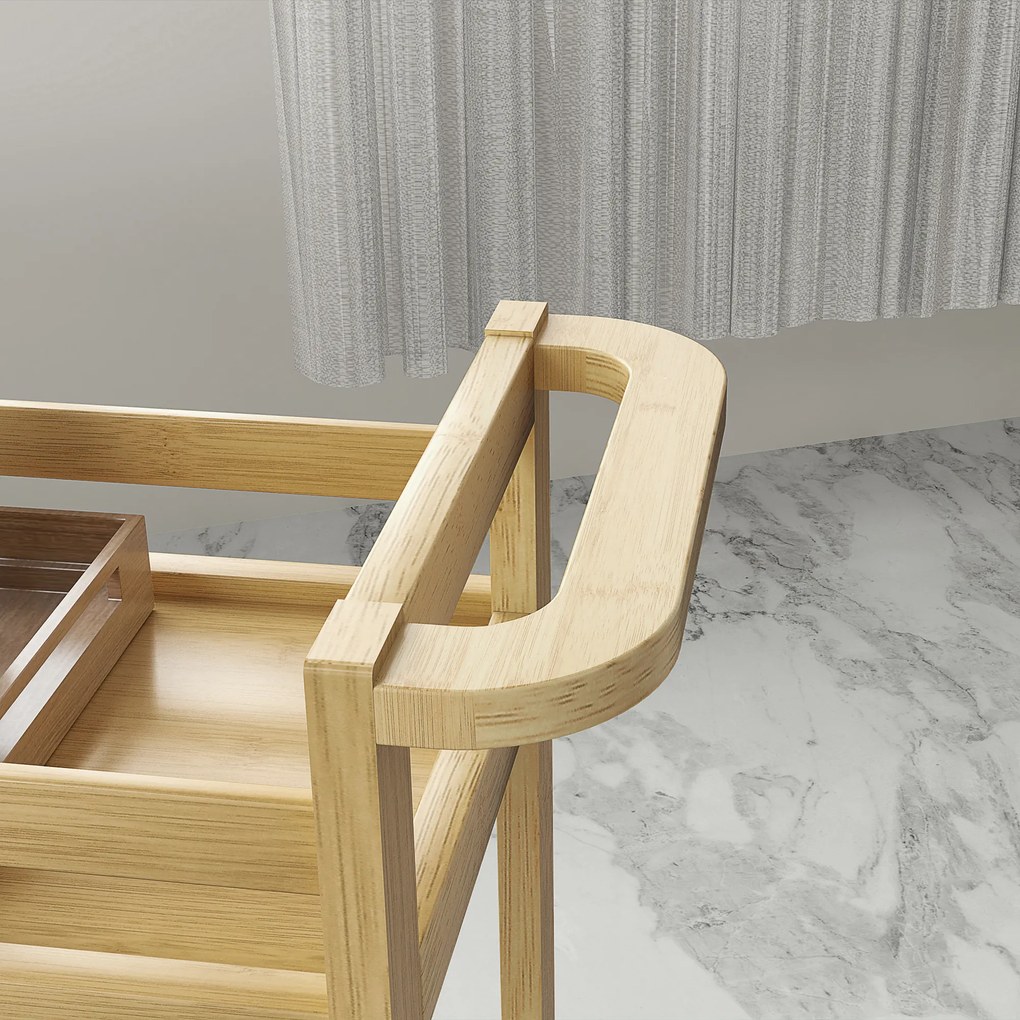 HOMCOM Raft de Baie din Bambus cu 3 Niveluri, Carucior Organizator cu Roți pentru Bucătărie, Baie, Living, 55 x 20 x 75 cm - Natural | Aosom Romania