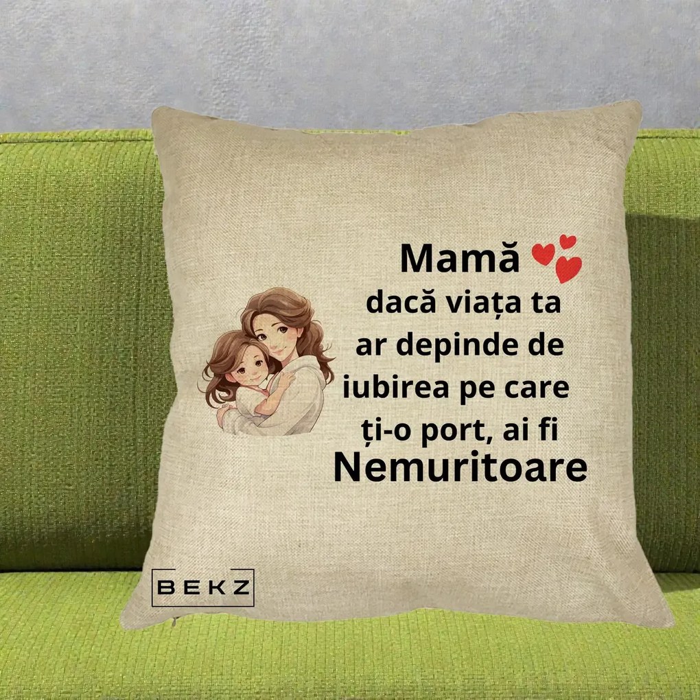 Cadou pentru Mama - Perna Personalizata Mama Nemuritoare cu Balon Inima, 40x40 cm, Crem, Husa Detasabila, Perna Inclusa, BEKZ®