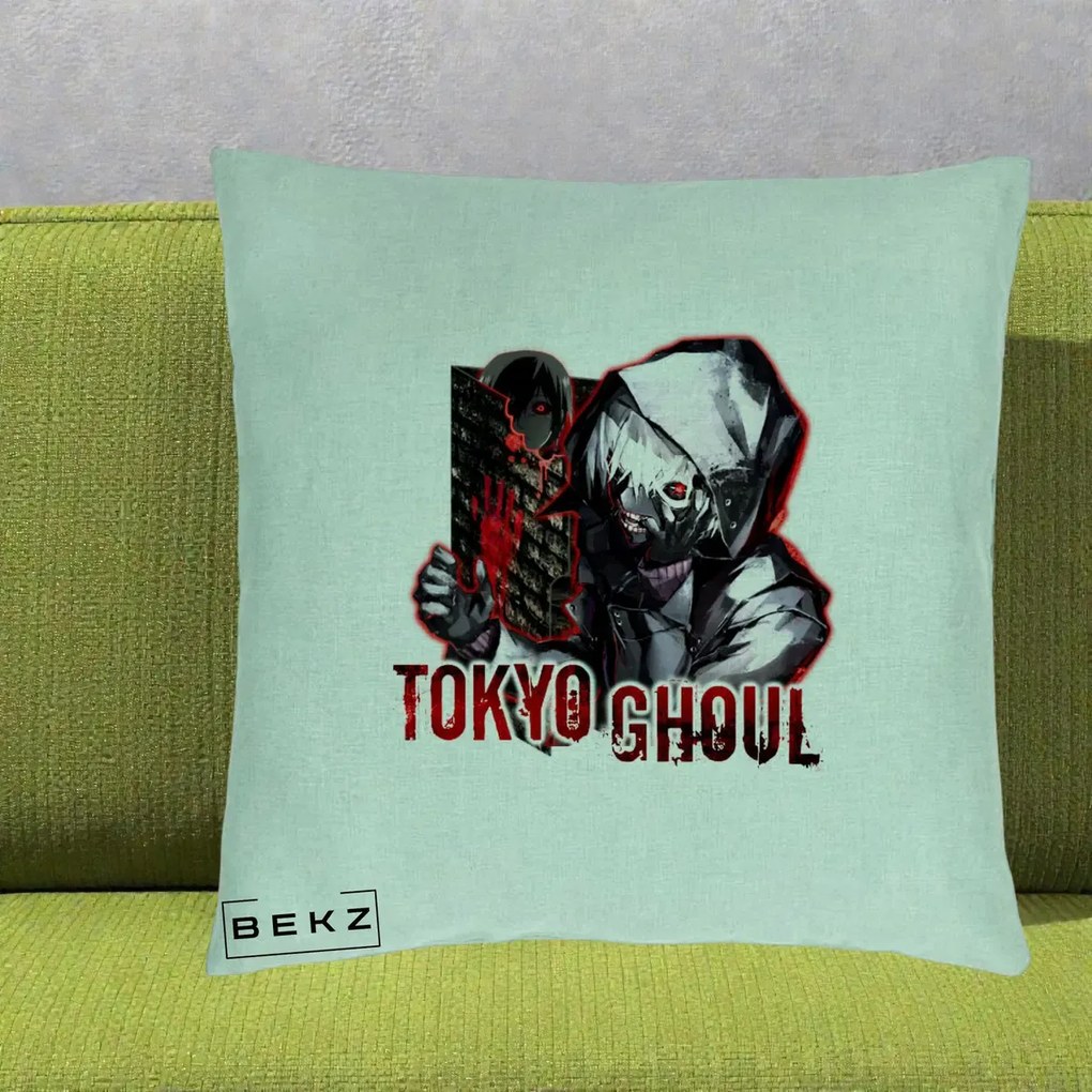 Perna Personalizata Tokyo Ghoul Ken Kaneki Anime, 40x40 cm, Verde Menta, Husa Detasabila, Perna Inclusa, BEKZ®