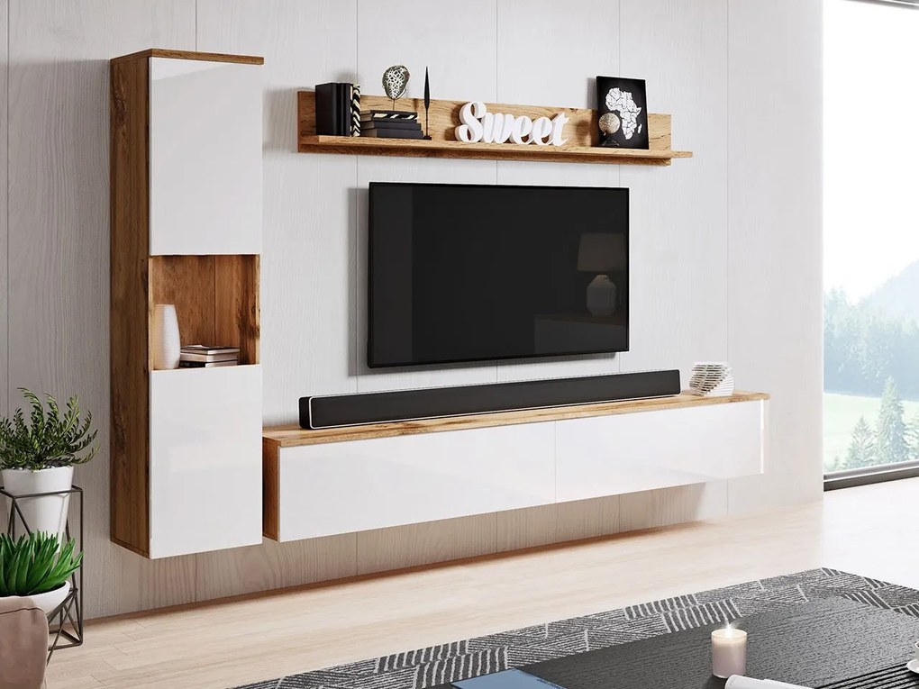 Mobilier living Nova BR (Stejar wotan + Alb lucios) (fără iluminat). 1060049