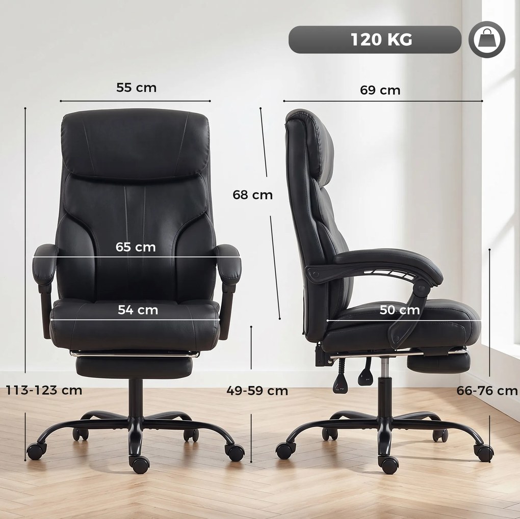 HOMCOM Scaun de birou ergonomic rotativ, rabatabil 165°, din piele ecologică PU, cu suport pentru picioare și înălțime reglabilă, negru | Aosom Romania